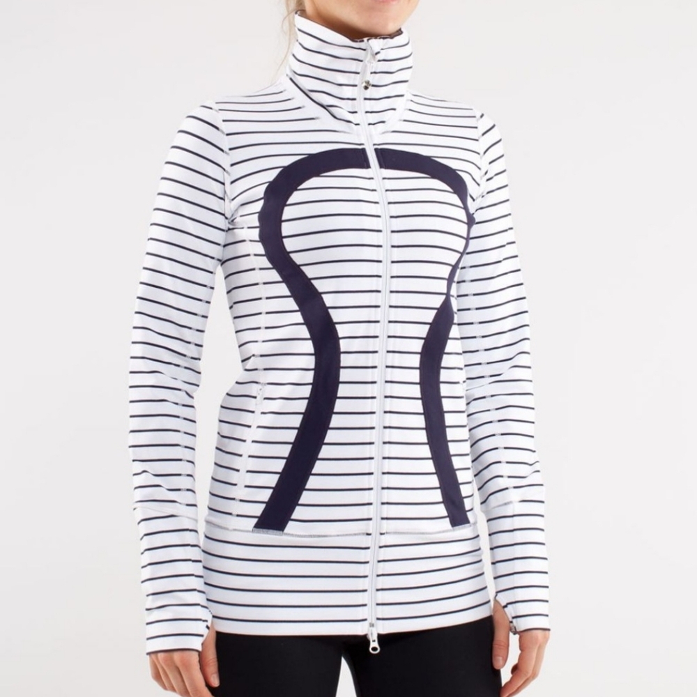 Lululemon In Stride Logo Zip Up Jacket Quiet Stripe White Deep Indigo Women's 8